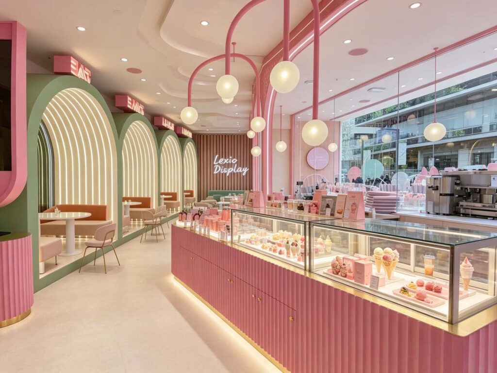 Pink Fluted Counters and Arched Seating that Work