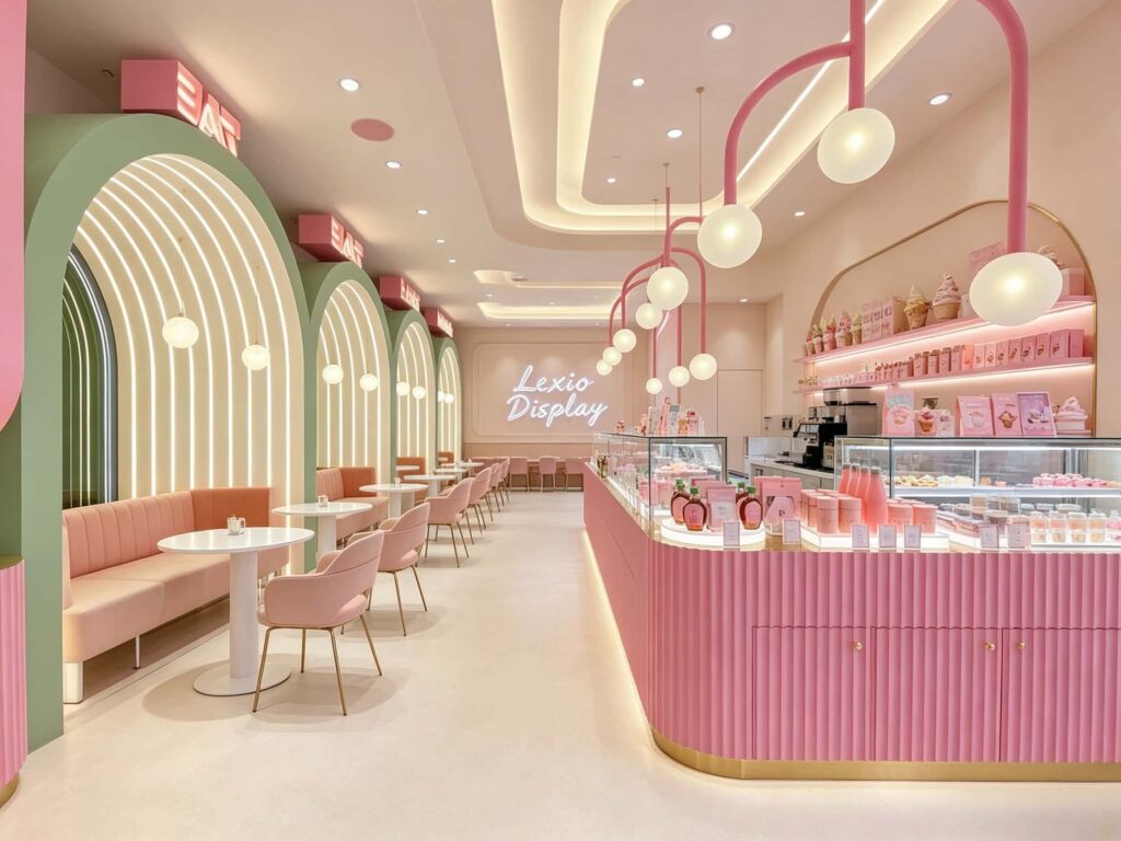 Pink Fluted Counters and Arched Seating that Work