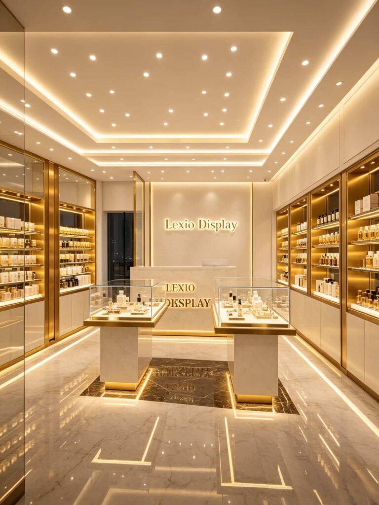 Modern Perfume Shop Design with Gold and Marble