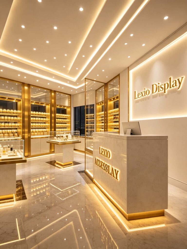 Modern Perfume Shop Design with Gold and Marble