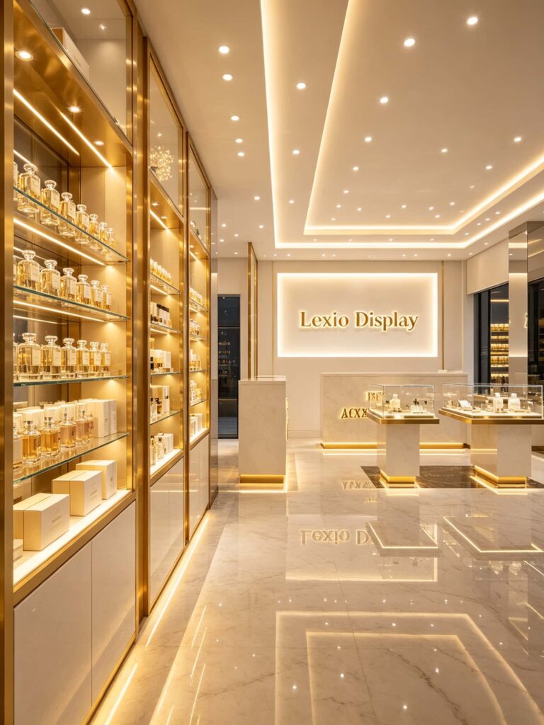 Modern Perfume Shop Design with Gold and Marble