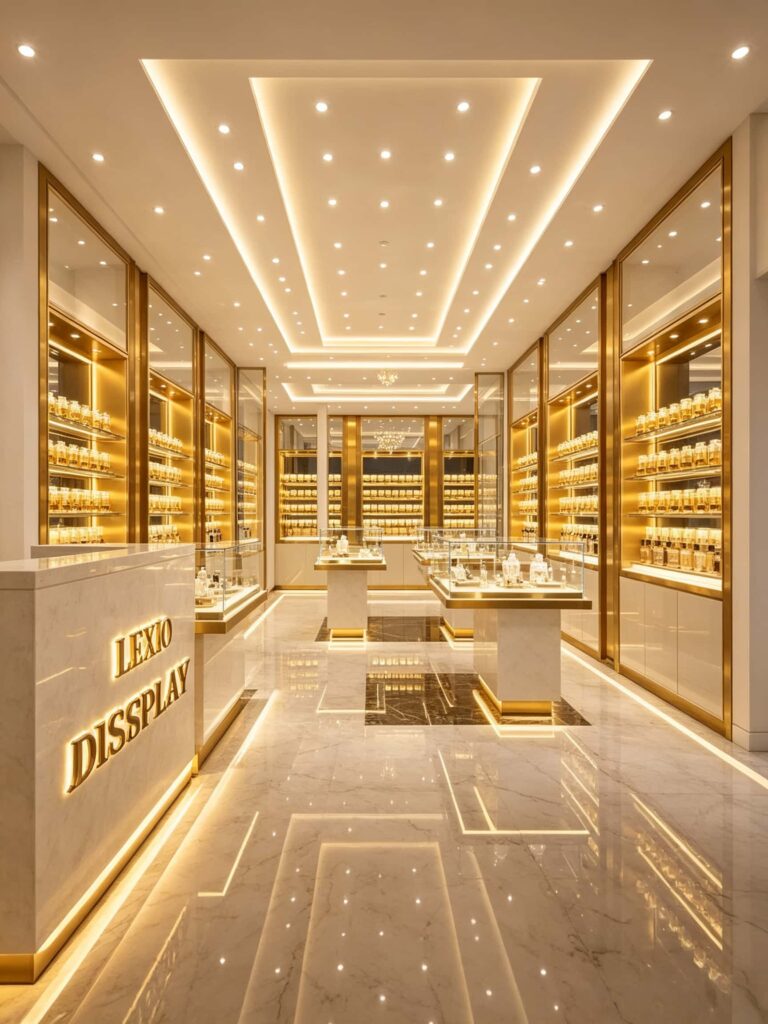 Modern Perfume Shop Design with Gold and Marble