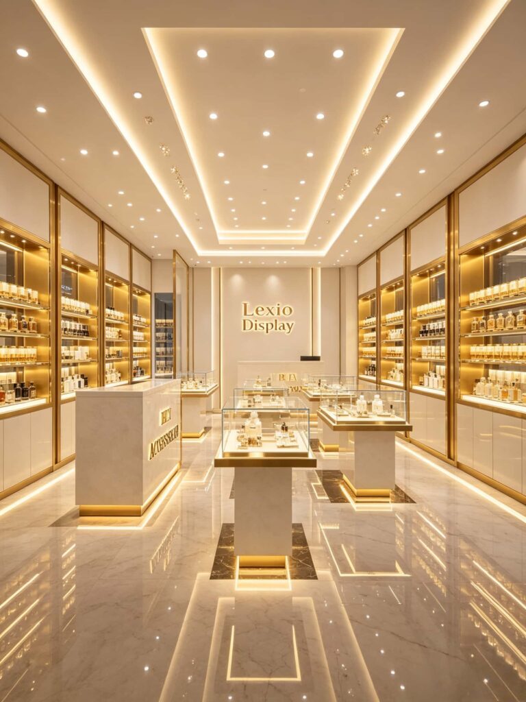Modern Perfume Shop Design with Gold and Marble