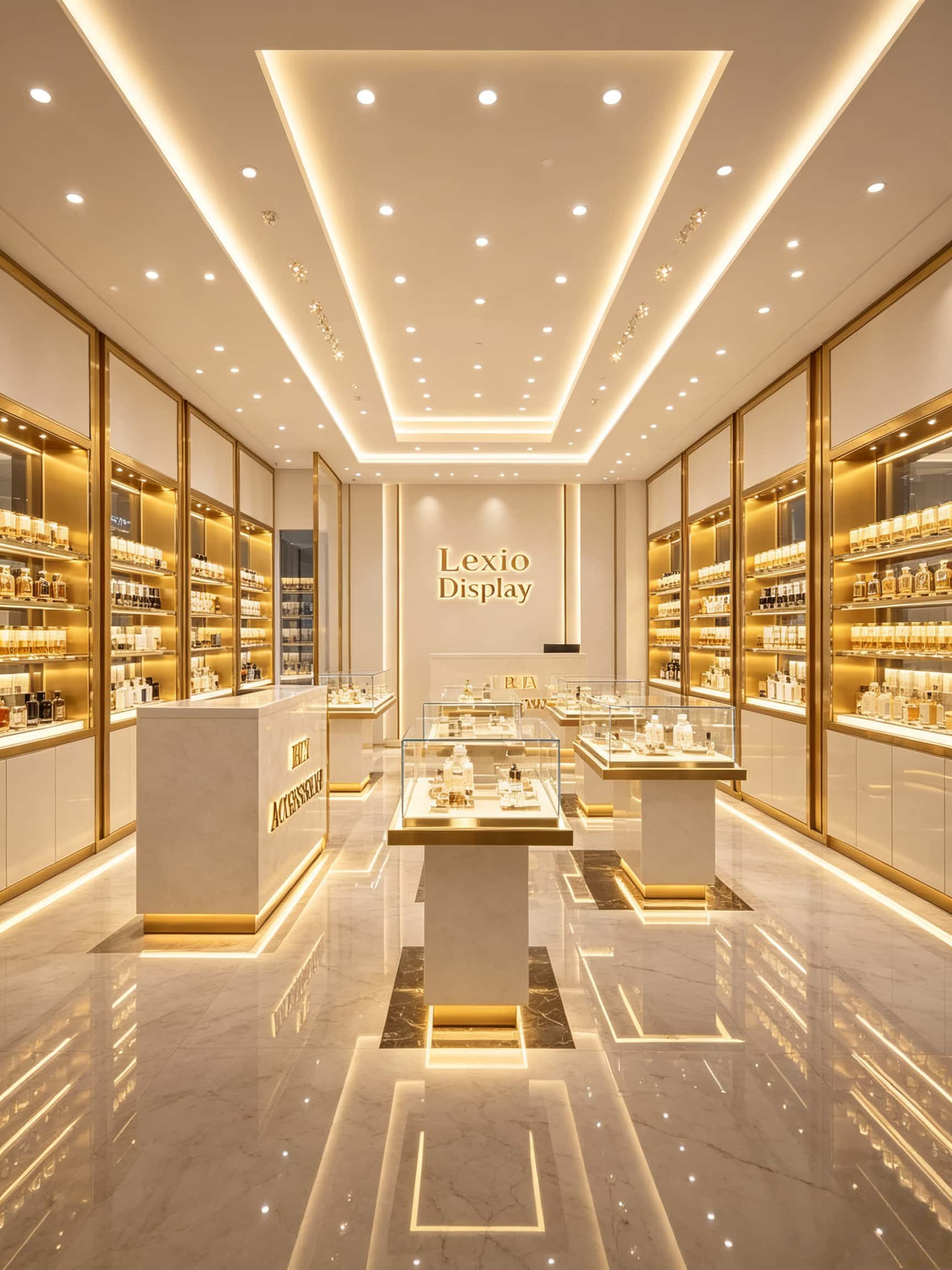 Modern Perfume Shop Design with Gold and Marble