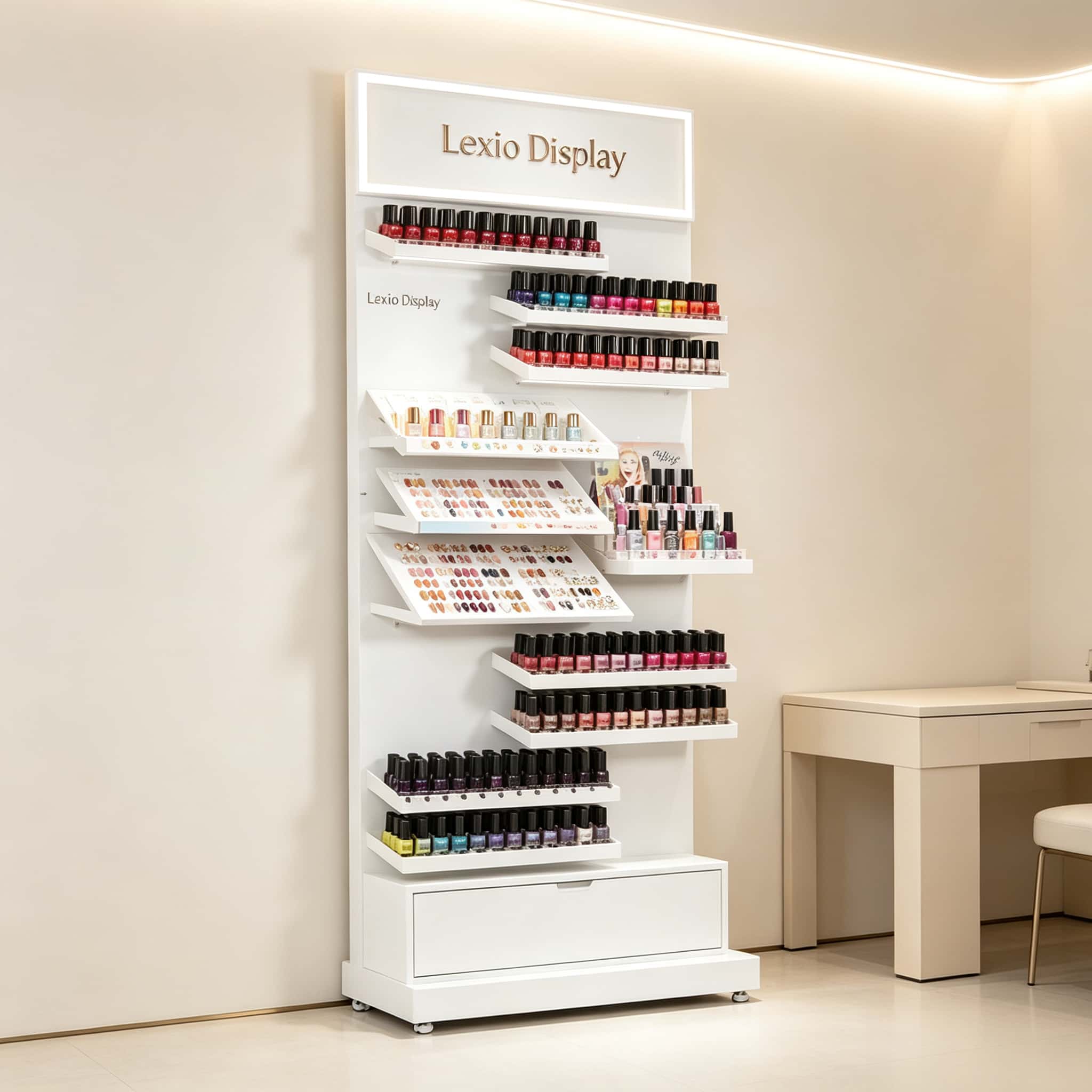 Freestanding Multi-Tier Nail Polish Display Rack With LED Logo Frame & Bottom Drawer | Mobile Wall Nail Color Shelf For Modern Nail Salons Australia & USA