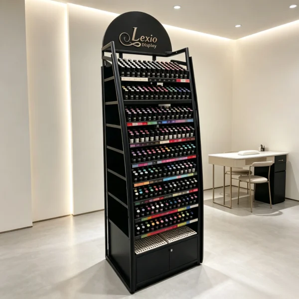 Freestanding Black Metal Nail Polish Display Rack | Slanted Tiered Gel Polish Shelving Unit With Locked Storage Cabinet For Nail Salon Retail