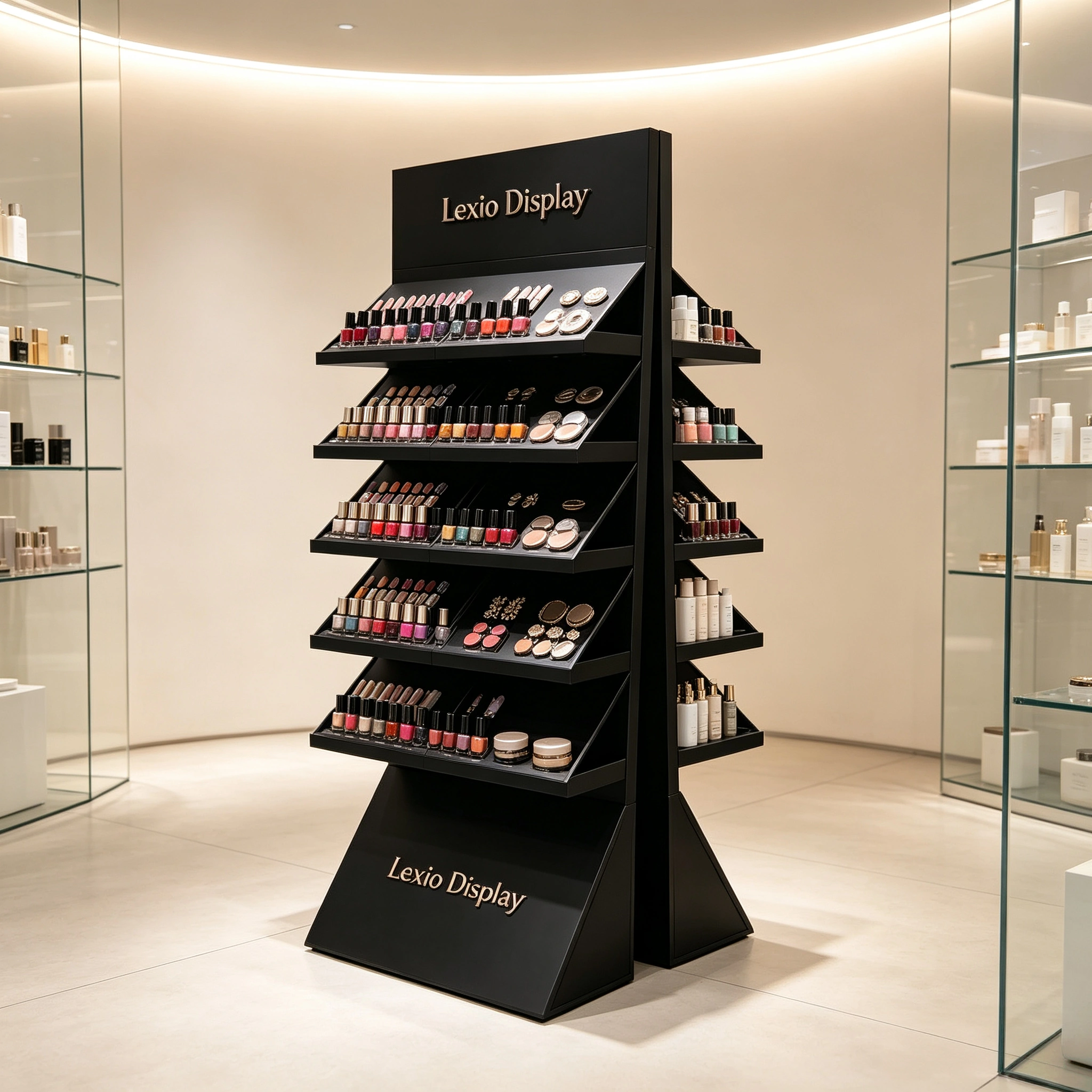 Double-Sided Freestanding Cosmetic Display Stand | Slanted Tiered Black Makeup Retail Shelving Unit For Beauty Boutique & Cosmetic Shop