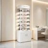 Round Rotatable Corner Nail Polish Display Cabinet With LED Top & Base Storage | 360° Curved White Nail Color Rack For Premium Nail Salons USA & Australia