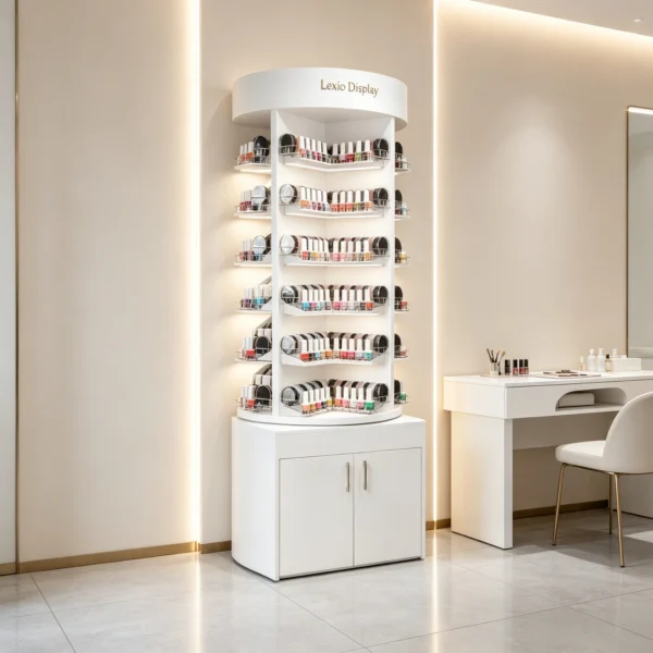 Round Rotatable Corner Nail Polish Display Cabinet With LED Top & Base Storage | 360° Curved White Nail Color Rack For Premium Nail Salons USA & Australia