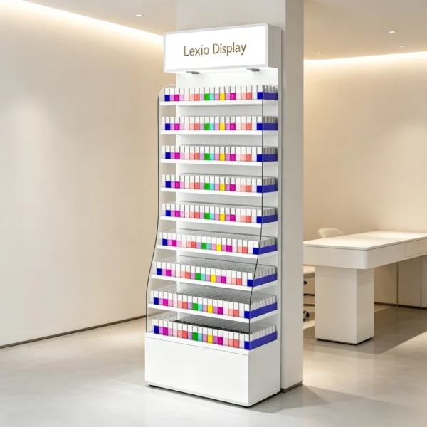 White Wall Mounted Nail Gel Polish Display Cabinet With LED Light | Curved Acrylic Tall Nail Color Shelf For Modern Nail Salon