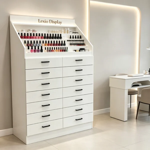nail display stand (17) Slant Front LED Nail Polish Storage Cabinet With Drawers | 2 Styles Multi-Drawer Gel Color Display Armoire For Luxury Nail Salon