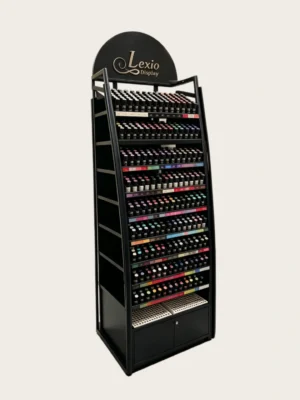 Freestanding Black Metal Nail Polish Display Rack | Slanted Tiered Gel Polish Shelving Unit With Locked Storage Cabinet For Nail Salon Retail