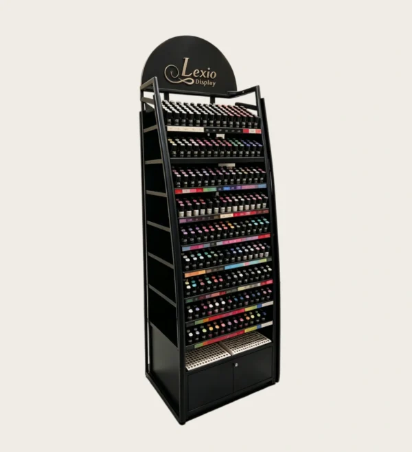 Freestanding Black Metal Nail Polish Display Rack | Slanted Tiered Gel Polish Shelving Unit With Locked Storage Cabinet For Nail Salon Retail