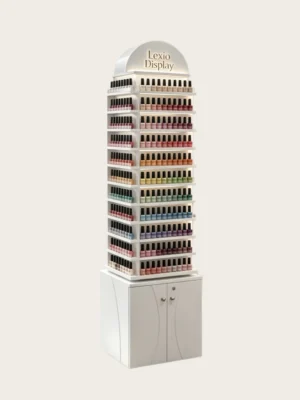 White Curved Top LED Nail Polish Display Tower With Storage Cabinet | Freestanding Rack For Modern Luxury Nail Salons