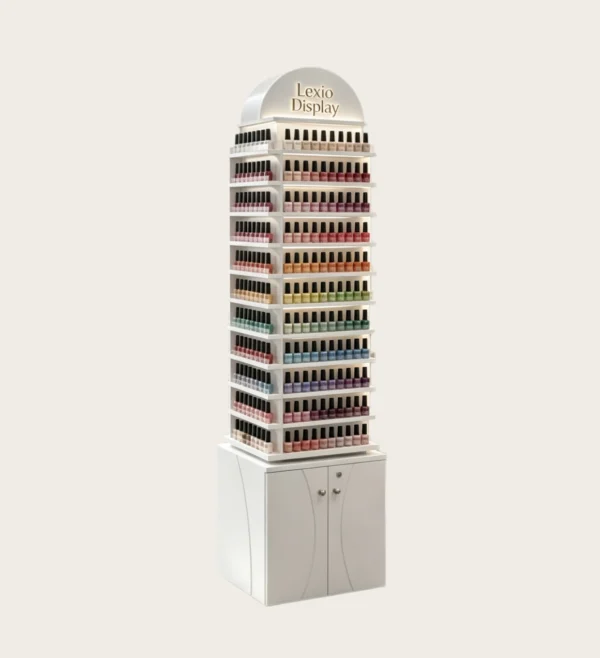 nail display stand (19) White Curved Top LED Nail Polish Display Tower With Storage Cabinet | Freestanding Rack For Modern Luxury Nail Salons