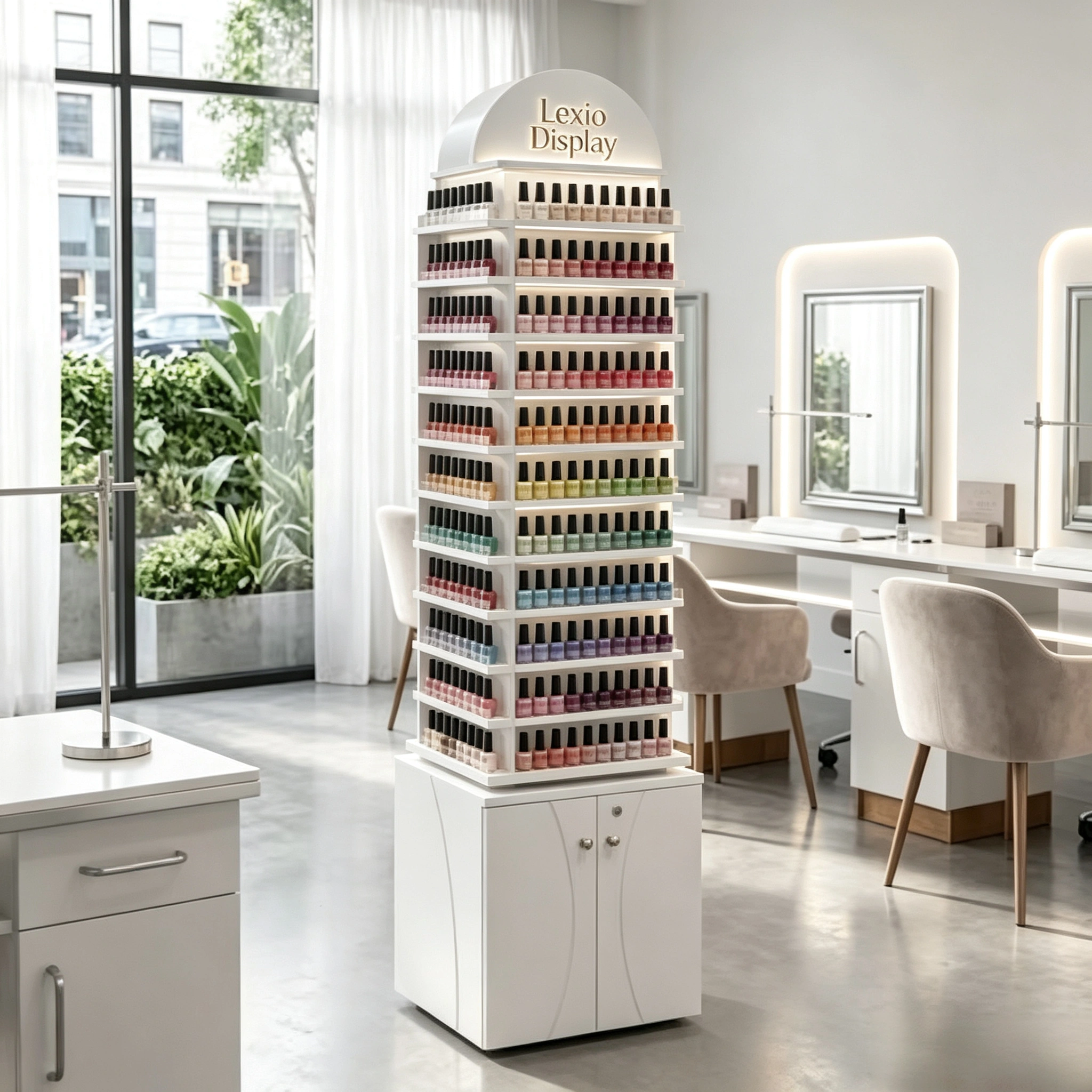 White Curved Top LED Nail Polish Display Tower With Storage Cabinet | Freestanding Rack For Modern Luxury Nail Salons
