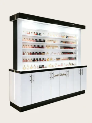 Black & White Luxury LED Display Wall Cabinet With Locked Storage Cabinets | Freestanding Nail Polish & Perfume Retail Showcase Unit