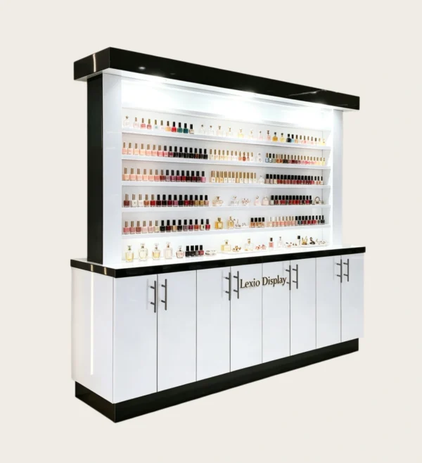 Black & White Luxury LED Display Wall Cabinet With Locked Storage Cabinets | Freestanding Nail Polish & Perfume Retail Showcase Unit