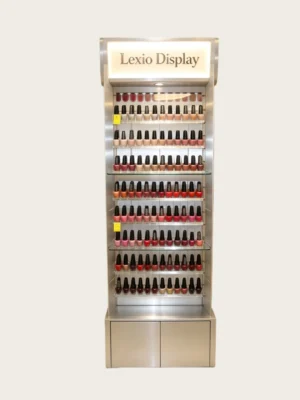 Stainless Steel Tall Freestanding Nail Polish Display Tower With LED Top Lightbox & Lockable Base Cabinet | Commercial Retail Vertical Cosmetic Showcase Rack
