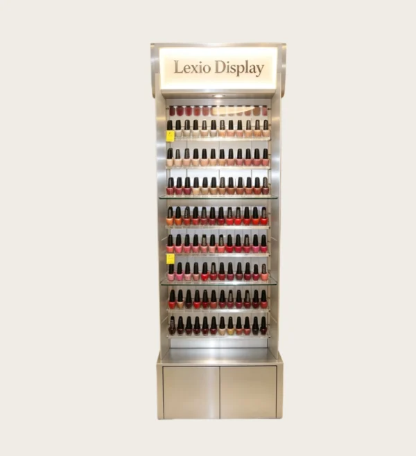 Stainless Steel Tall Freestanding Nail Polish Display Tower With LED Top Lightbox & Lockable Base Cabinet | Commercial Retail Vertical Cosmetic Showcase Rack