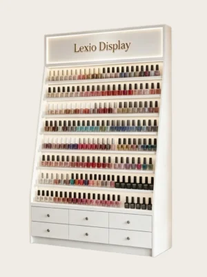 Slanted LED Nail Polish Display Rack With 6 Storage Drawers | Freestanding White Gel Color Wall Cabinet For Modern Manicure Salon