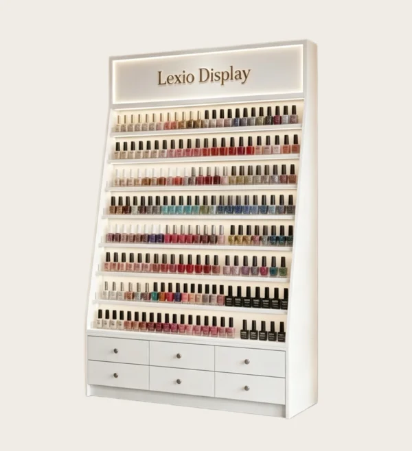Slanted LED Nail Polish Display Rack With 6 Storage Drawers | Freestanding White Gel Color Wall Cabinet For Modern Manicure Salon