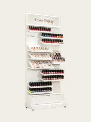 Freestanding Multi-Tier Nail Polish Display Rack With LED Logo Frame & Bottom Drawer | Mobile Wall Nail Color Shelf For Modern Nail Salons Australia & USA