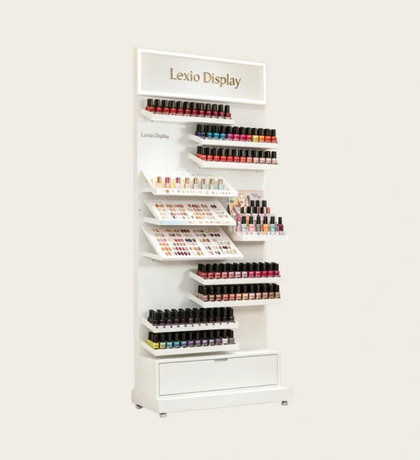 nail display stand (24) Freestanding Multi-Tier Nail Polish Display Rack With LED Logo Frame & Bottom Drawer | Mobile Wall Nail Color Shelf For Modern Nail Salons Australia & USA
