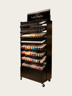 Mobile Rolling Nail Polish Display Rack With Wheels | Multi-Tier Black LED Gel Color Organizer Cabinet With Lockable Storage