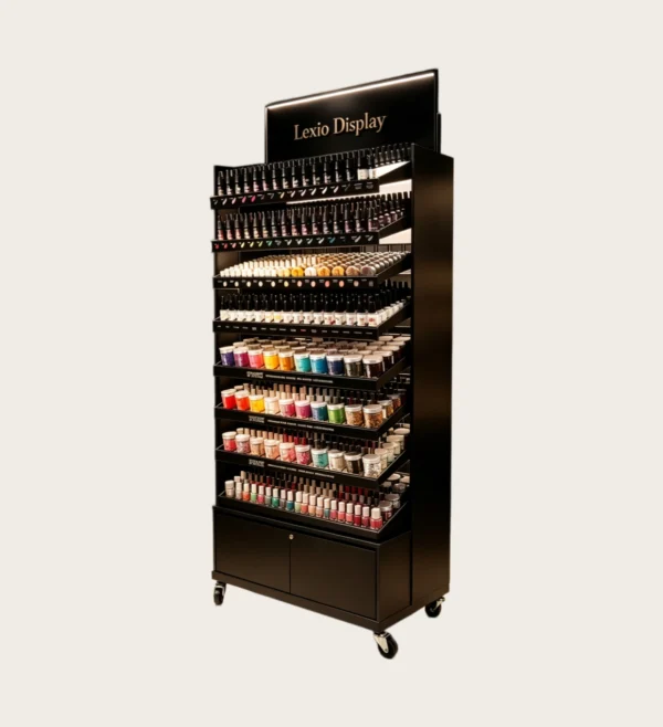 nail display stand (25) Mobile Rolling Nail Polish Display Rack With Wheels | Multi-Tier Black LED Gel Color Organizer Cabinet With Lockable Storage