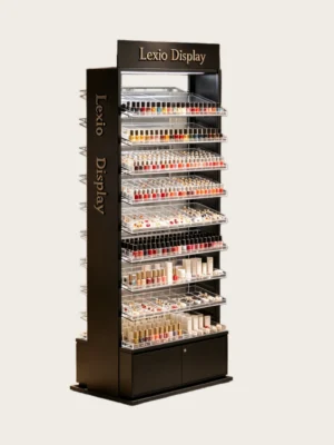 Tall Black Freestanding Multi-Tier Acrylic Nail Polish Display Rack With LED Lighting & Lockable Base Cabinet | Custom Vertical Beauty Merchandising Stand for Salons & Retail Shops