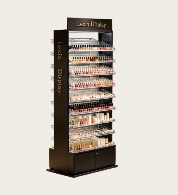 Tall Black Freestanding Multi-Tier Acrylic Nail Polish Display Rack With LED Lighting & Lockable Base Cabinet | Custom Vertical Beauty Merchandising Stand for Salons & Retail Shops
