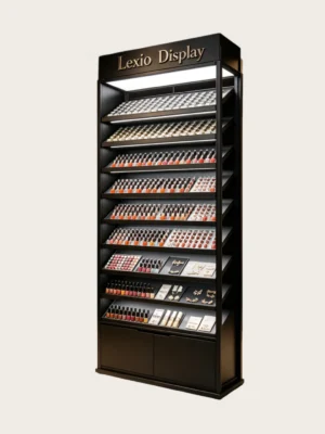 Dark Luxury Freestanding LED Lipstick & Nail Polish Display Cabinet | Multi-Tier Vertical Cosmetic Display Tower With Storage Cabinets