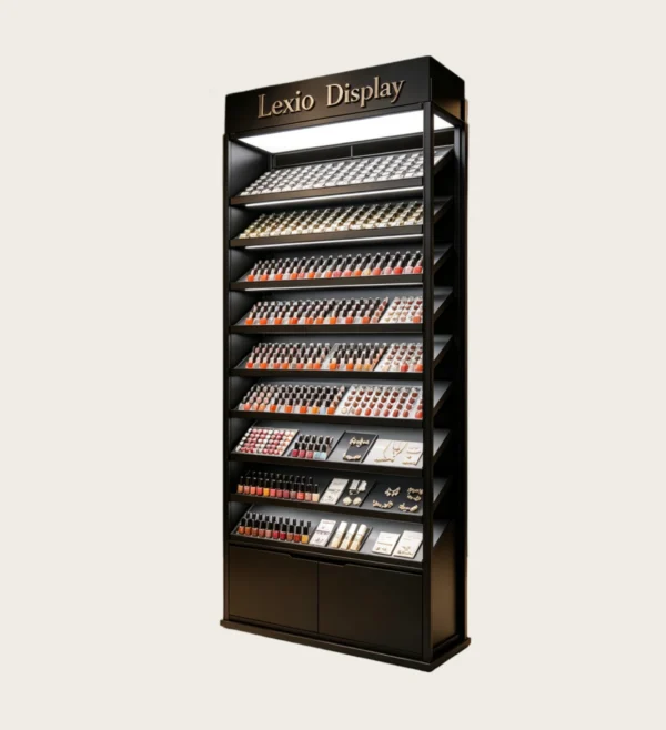 Dark Luxury Freestanding LED Lipstick & Nail Polish Display Cabinet | Multi-Tier Vertical Cosmetic Display Tower With Storage Cabinets