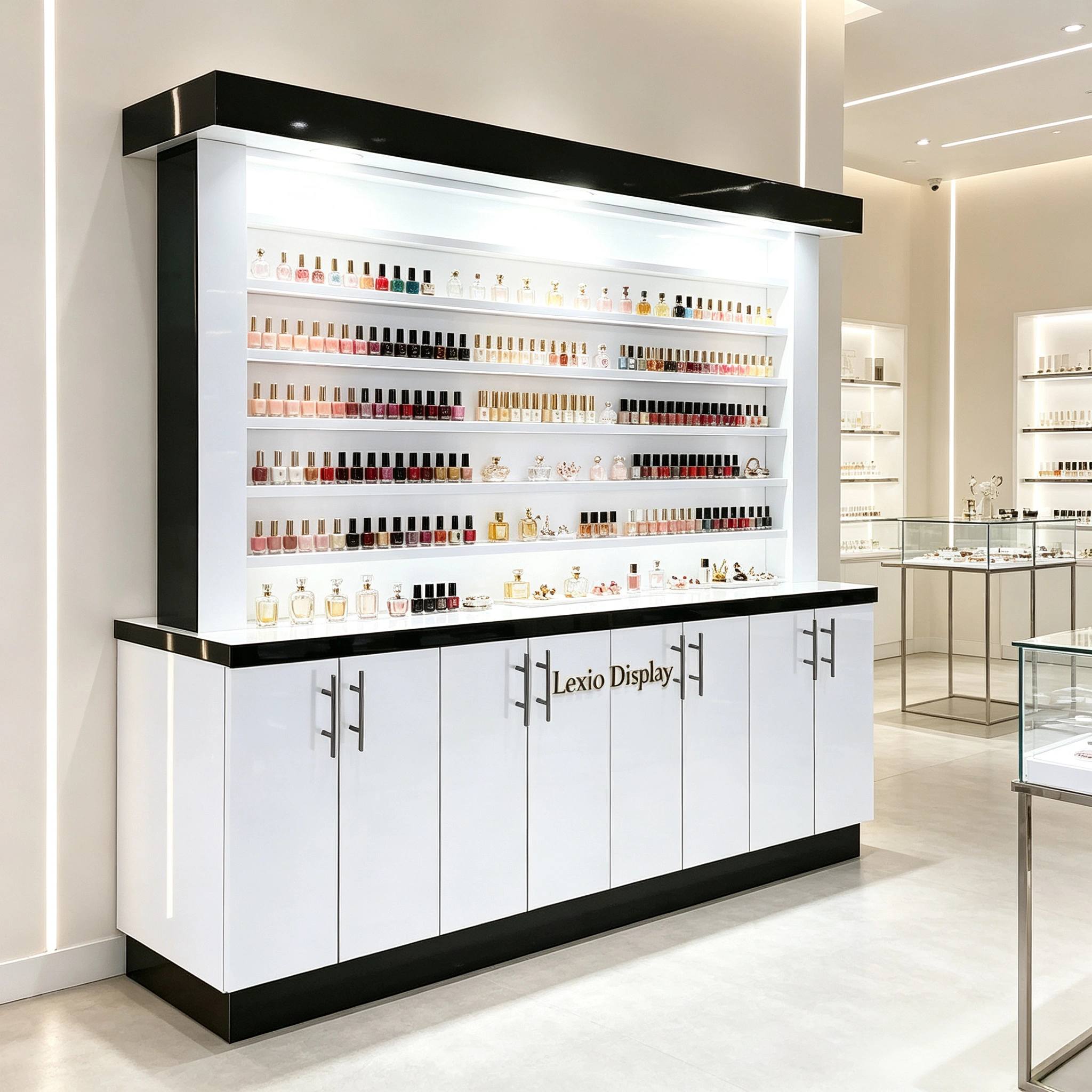 Black & White Luxury LED Display Wall Cabinet With Locked Storage Cabinets | Freestanding Nail Polish & Perfume Retail Showcase Unit