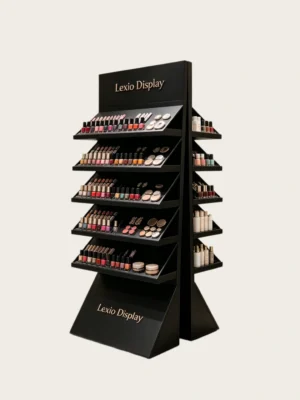 Double-Sided Freestanding Cosmetic Display Stand | Slanted Tiered Black Makeup Retail Shelving Unit For Beauty Boutique & Cosmetic Shop