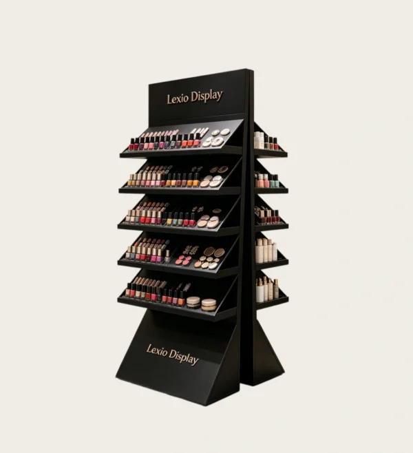 nail display stand (30) Double-Sided Freestanding Cosmetic Display Stand | Slanted Tiered Black Makeup Retail Shelving Unit For Beauty Boutique & Cosmetic Shop