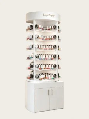 Round Rotatable Corner Nail Polish Display Cabinet With LED Top & Base Storage | 360° Curved White Nail Color Rack For Premium Nail Salons USA & Australia