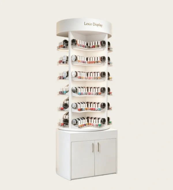 Round Rotatable Corner Nail Polish Display Cabinet With LED Top & Base Storage | 360° Curved White Nail Color Rack For Premium Nail Salons USA & Australia