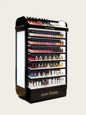 Curved Black Multi-Tier Cosmetic Display Cabinet With Full LED Ambient Lighting | Freestanding Retail Rack for Nail Polish, Perfume & Skincare Merchandising