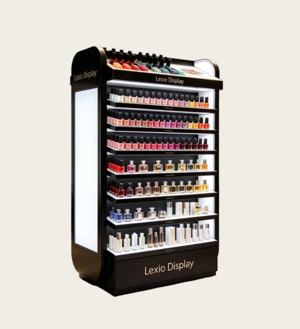 nail display stand (32) Curved Black Multi-Tier Cosmetic Display Cabinet With Full LED Ambient Lighting | Freestanding Retail Rack for Nail Polish, Perfume & Skincare Merchandising
