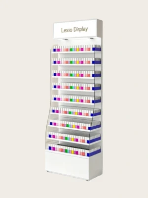 White Wall Mounted Nail Gel Polish Display Cabinet With LED Light | Curved Acrylic Tall Nail Color Shelf For Modern Nail Salon