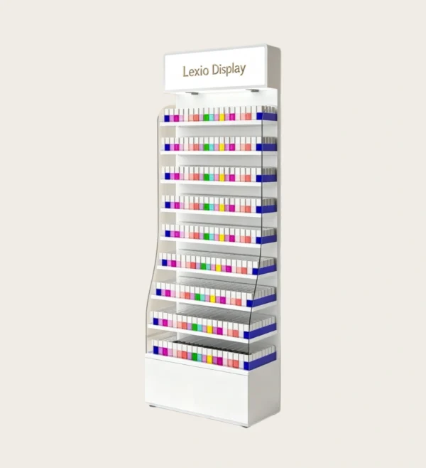White Wall Mounted Nail Gel Polish Display Cabinet With LED Light | Curved Acrylic Tall Nail Color Shelf For Modern Nail Salon