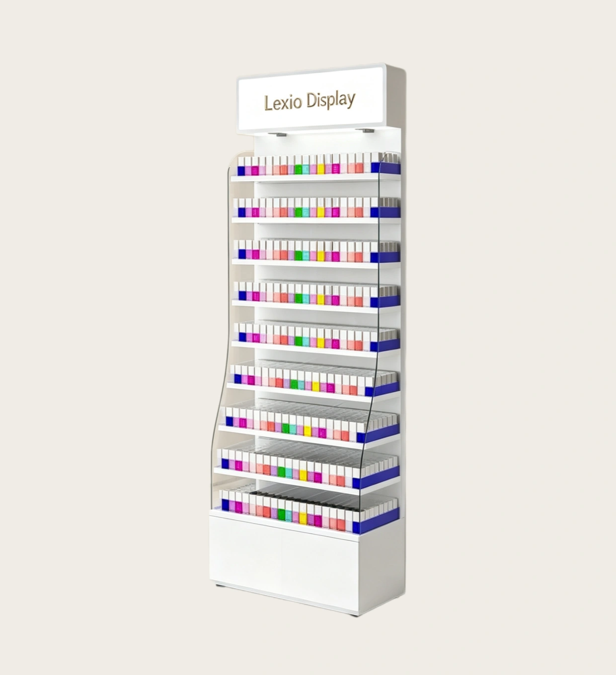 White Wall Mounted Nail Gel Polish Display Cabinet With LED Light | Curved Acrylic Tall Nail Color Shelf For Modern Nail Salon