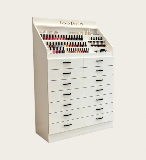 nail display stand (34) Slant Front LED Nail Polish Storage Cabinet With Drawers | 2 Styles Multi-Drawer Gel Color Display Armoire For Luxury Nail Salon