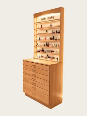 Natural Wood Nail Polish Display Cabinet With LED Lighting & Multi Drawer Storage | Vertical Wall Gel Color Showcase Chest For Cozy Modern Nail Studios