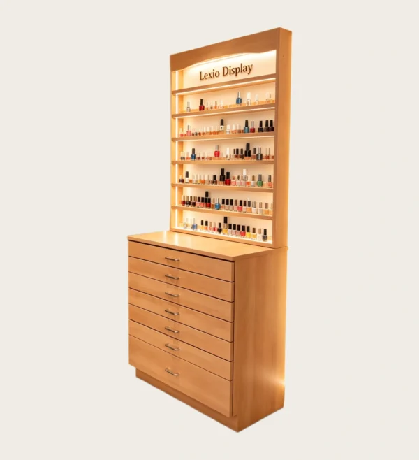 nail display stand (35) Natural Wood Nail Polish Display Cabinet With LED Lighting & Multi Drawer Storage | Vertical Wall Gel Color Showcase Chest For Cozy Modern Nail Studios