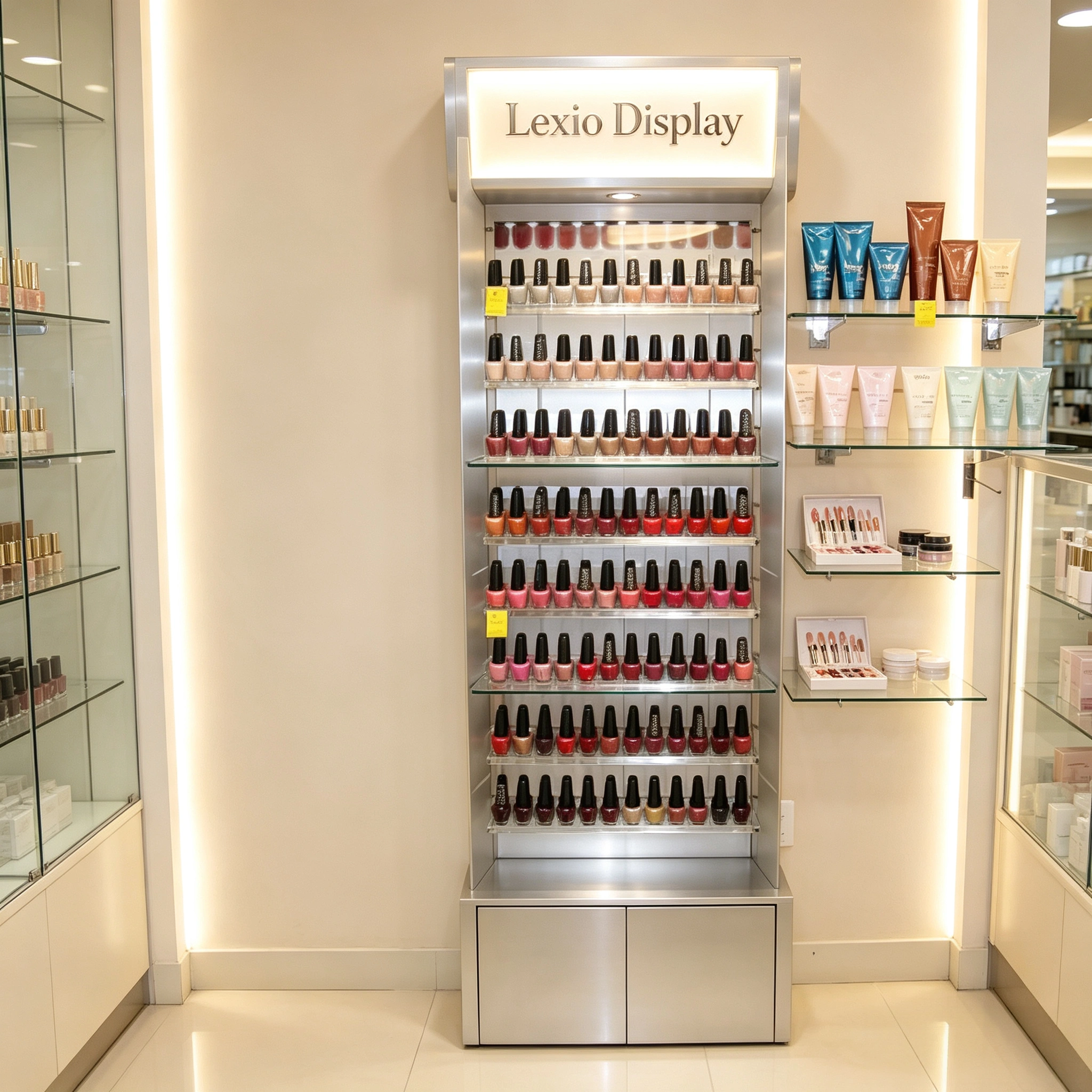 Stainless Steel Tall Freestanding Nail Polish Display Tower With LED Top Lightbox & Lockable Base Cabinet | Commercial Retail Vertical Cosmetic Showcase Rack