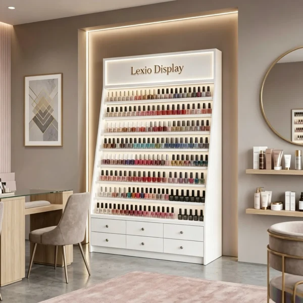 Slanted LED Nail Polish Display Rack With 6 Storage Drawers | Freestanding White Gel Color Wall Cabinet For Modern Manicure Salon