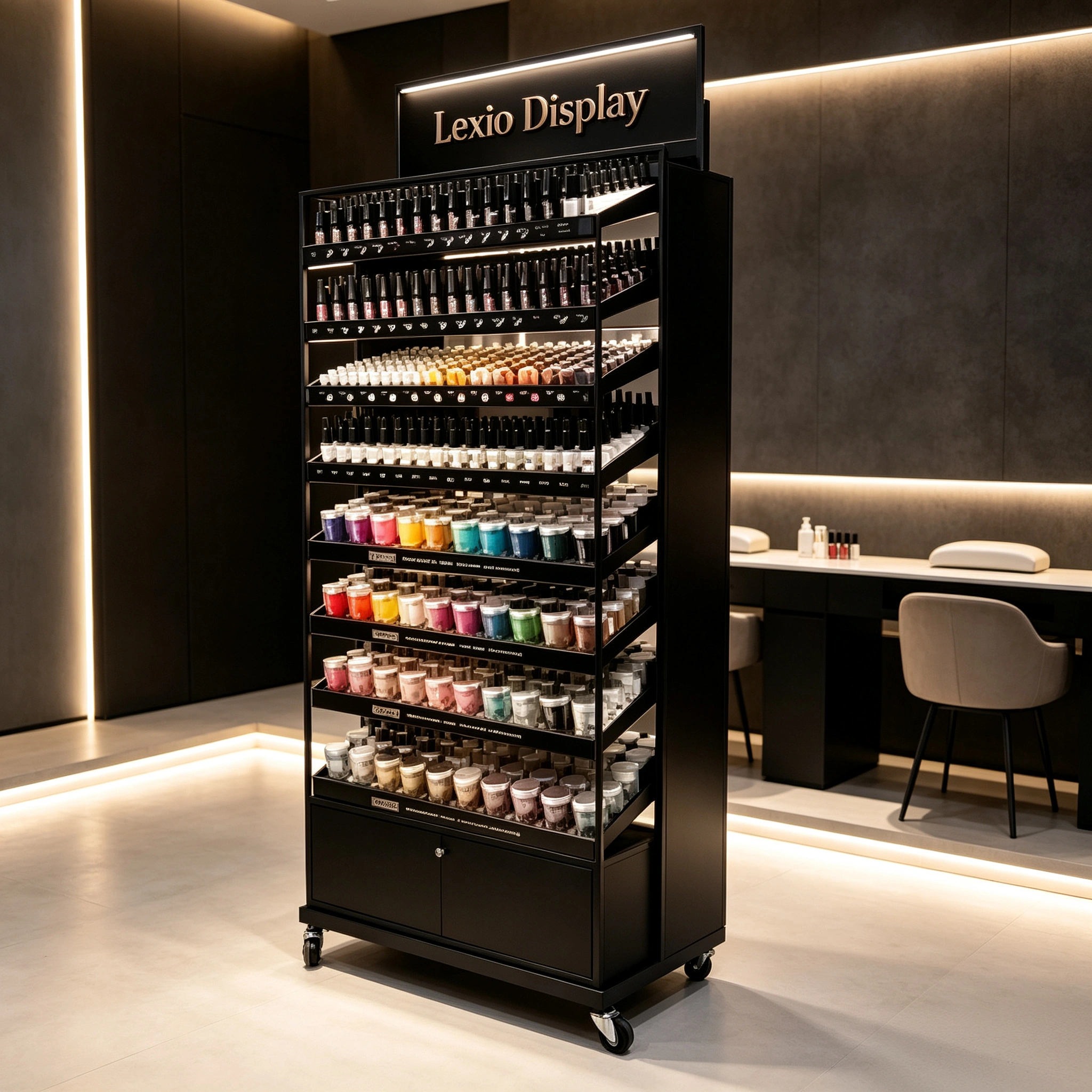Mobile Rolling Nail Polish Display Rack With Wheels | Multi-Tier Black LED Gel Color Organizer Cabinet With Lockable Storage